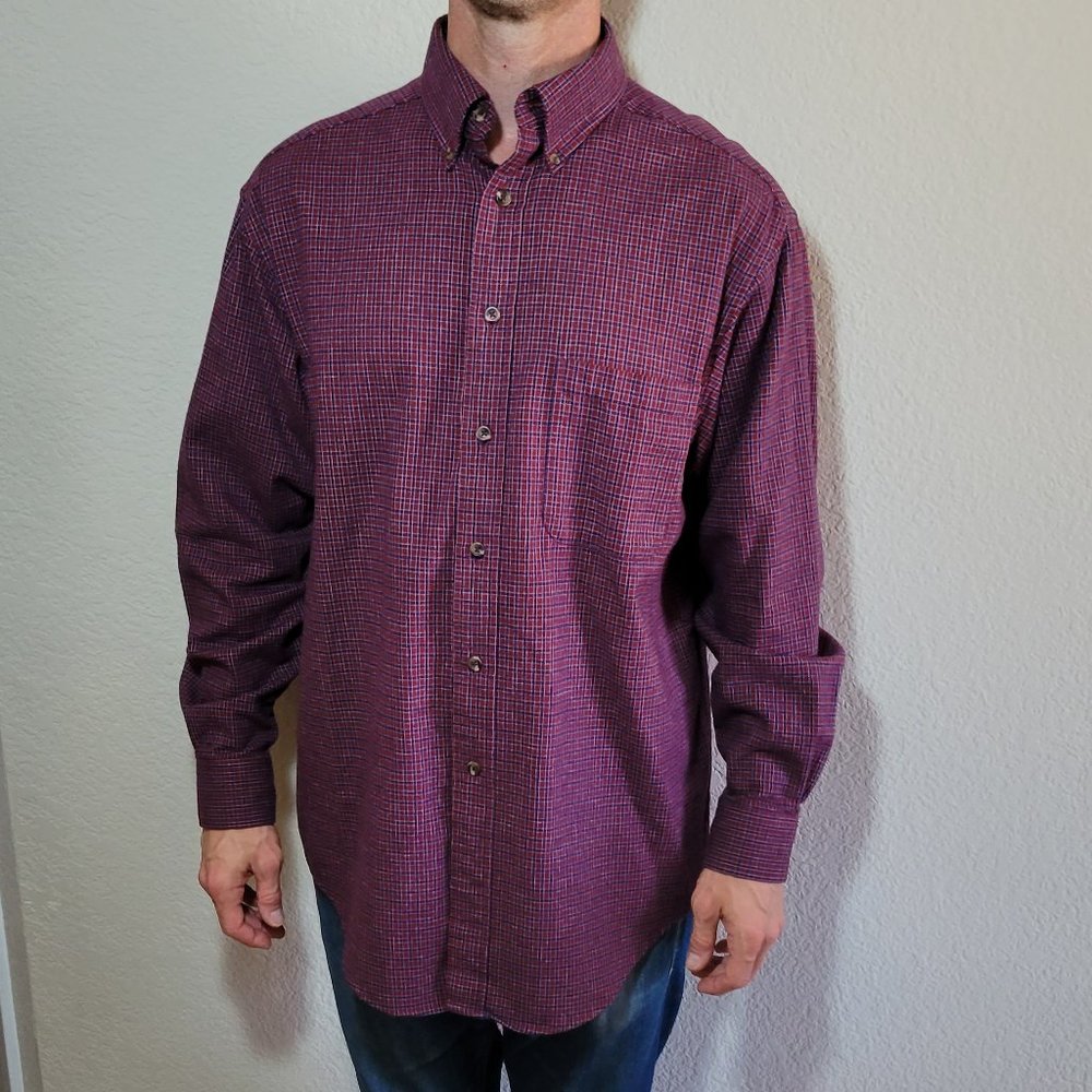 Roundtree & Yorke Mens Button Down Shirt Big & Tall Large Red Maroon Check